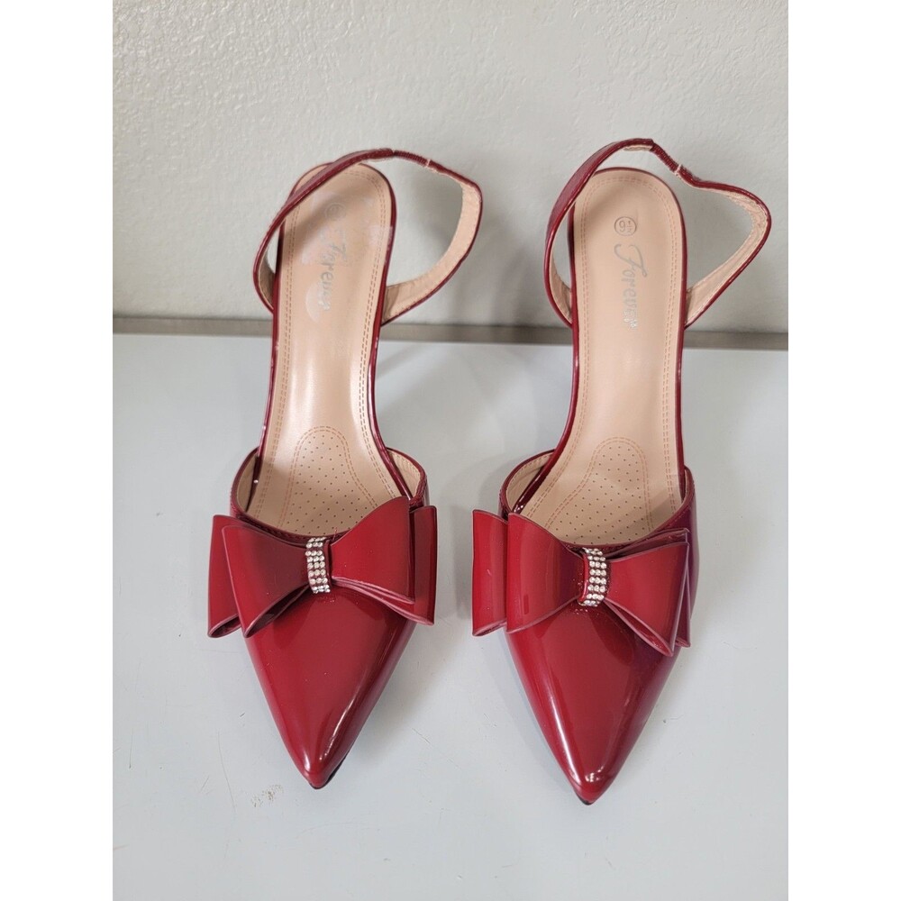 Forever Wome'n Red Patent Slingback Heels Size 9.5 Pointed Toe Bow Rhinestone